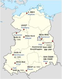 Standorte der Grenztruppen der DDR (1971 - 1989) - drei Grenzkommandos, zwei Grenzabschnittskommandos, die 6. Grenzbrigade Küste und eine Hubschrauberstaffel