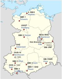 Standorte der Grenztruppen der DDR ab 1989 bis zur Auflösung - sechs Grenzbezirkskommandos, zwei Grenzbrigaden (Č, PL), Grenzbrigade Küste, OHS und zwei Grenzausbildungszentren