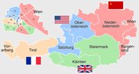 Karte der alliierten Besatzungszonen in Österreich von 1945 bis 1955. Die Zahlen auf der Karte Wiens stehen für die Wiener Gemeindebezirke