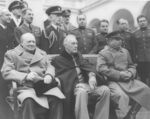 Gruppenfoto nach dem Abschluss der Verhandlungen in Jalta, von links: Winston Churchill, Franklin D. Roosevelt und Josef Stalin