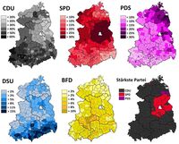 Diese Karte zeigt die prozentualen Ergebnisse der wichtigsten Parteien bei der Volkskammerwahl in der DDR 1990.