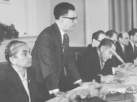 v. l. n. r.: Hilde Benjamin, Justizministerin, Generalstaatsanwalt Josef Streit und Heinrich Toeplitz, Präsident des Obersten Gerichts, Pressekonferenz 6. Dezember 1962